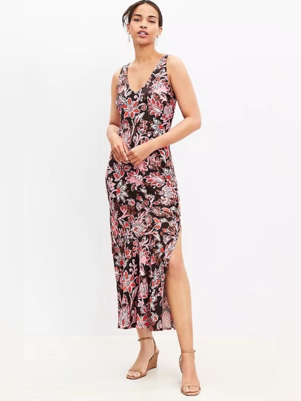 LOFT Matte Satin Bias Cut Chocolate Floral Maxi Slip Dress Romantic Elegant